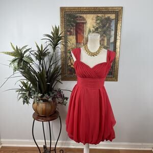 B2 Red Chiffon Cocktail Dress US 10 Sweetheart Pleated Bubble Hem Party Prom